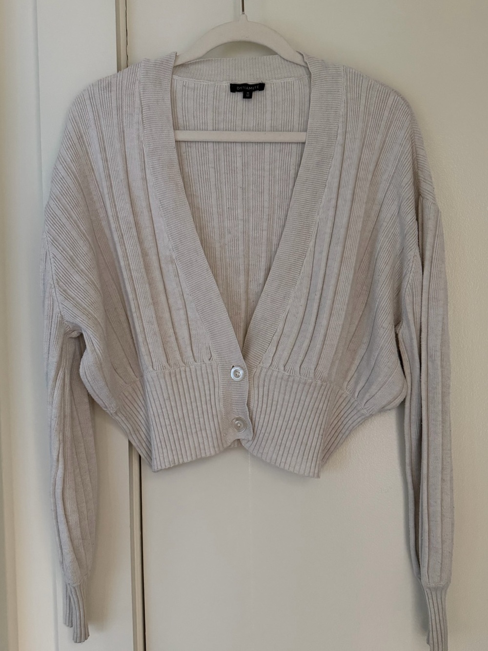 Dynamite Cream Ribbed V-Neck Cropped Cardigan Sweater